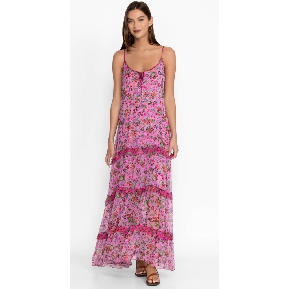 Johnny Was Foxglove Silk Maxi‎ Dress XS Pink Floral Tiered Ruffle Boho Resort